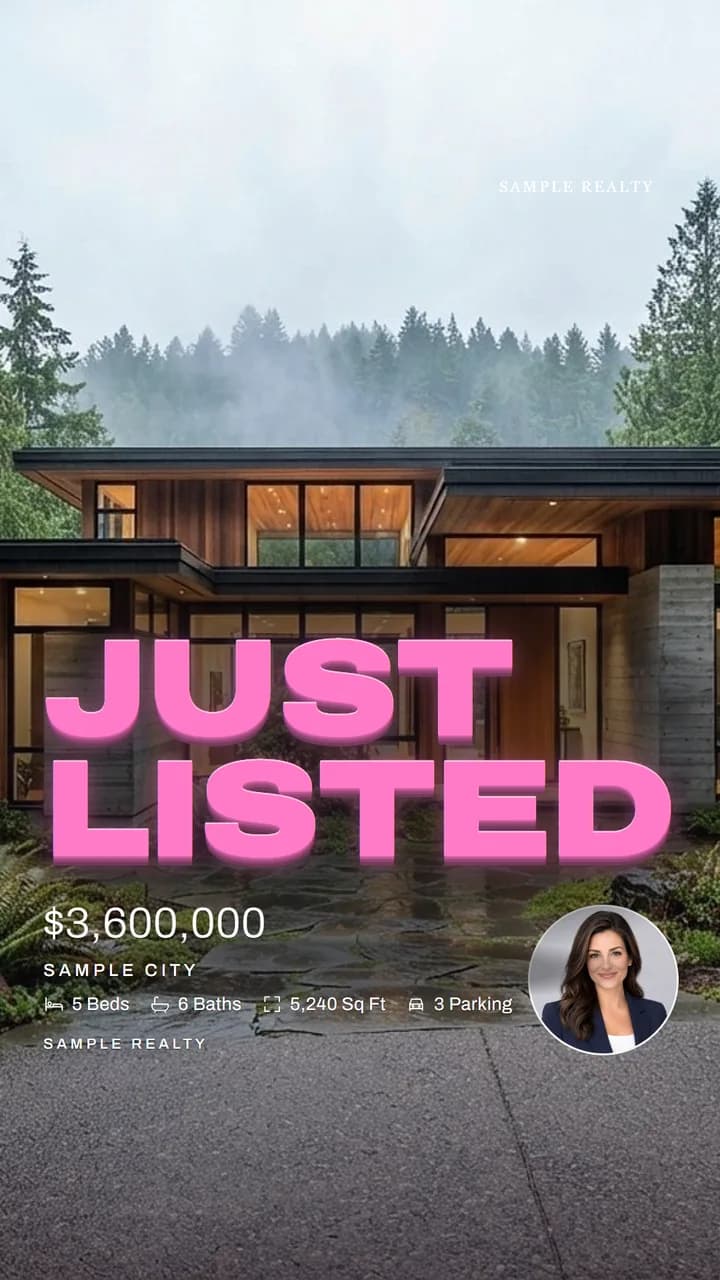 Just Listed Instagram Story post in the Colour Pop poster style, Bubblegum Pink Candy 3D title, on a sample luxury home photo